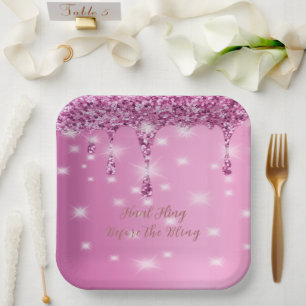 Elegant Hot Pink Glitter Drip Bachelorette  Paper Plate