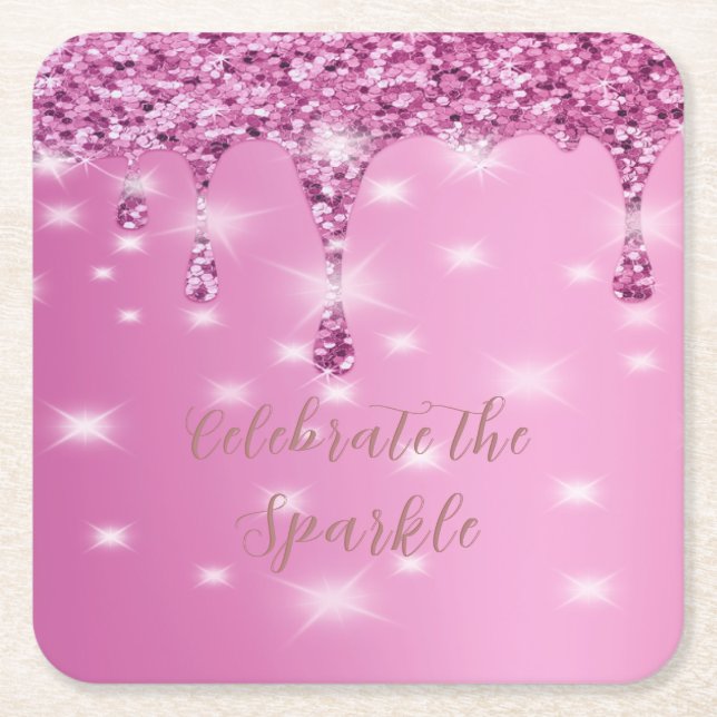 Elegant Hot Pink Glitter Drip Bachelorette Square Paper Coaster (Front)