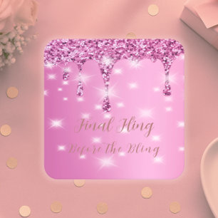 Elegant Hot Pink Glitter Drip Bachelorette Square Paper Coaster