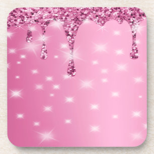 Elegant Hot Pink Glitter Drip Beverage Coaster