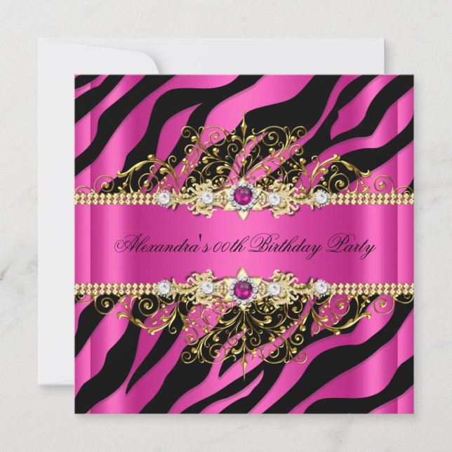 Elegant Hot Pink Gold Black Zebra Birthday Party 2 Invitation (Front)