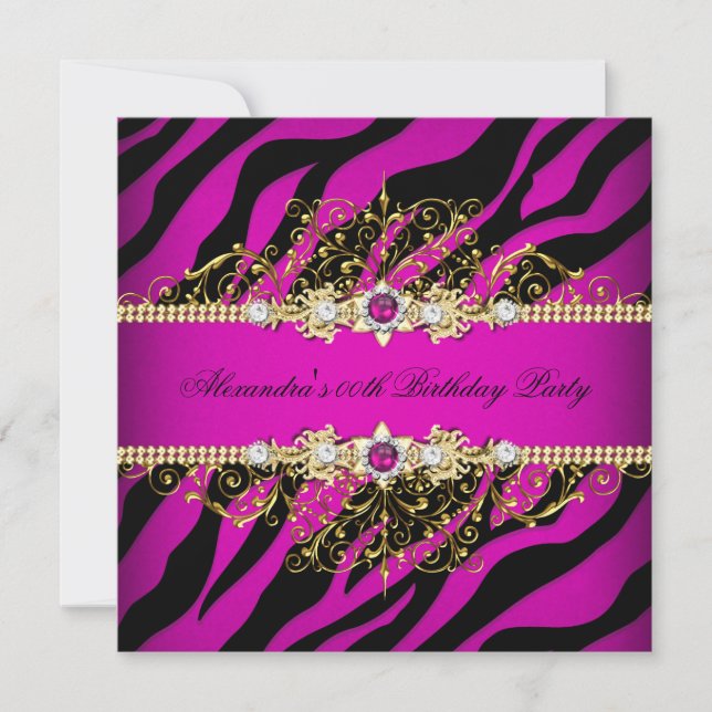 Elegant Hot Pink Gold Black Zebra Birthday Party Invitation (Front)