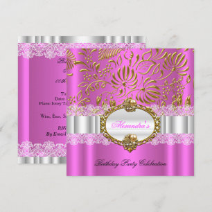 Elegant Hot Pink Gold Damask Lace Birthday Party Invitation