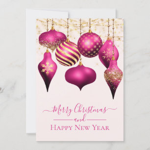 Elegant Hot Pink Gold Ornaments Christmas Card