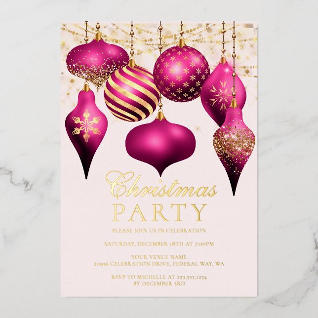 Elegant Hot Pink Gold Ornaments Christmas Party (Front)