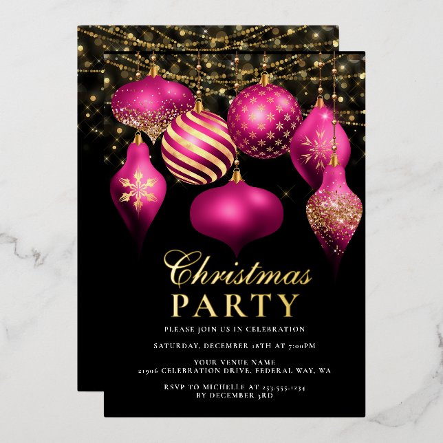 Elegant Hot Pink Gold Ornaments Christmas Party (Front/Back)