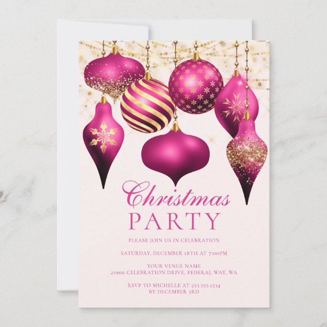 Elegant Hot Pink Gold Ornaments Christmas Party Invitation (Front)