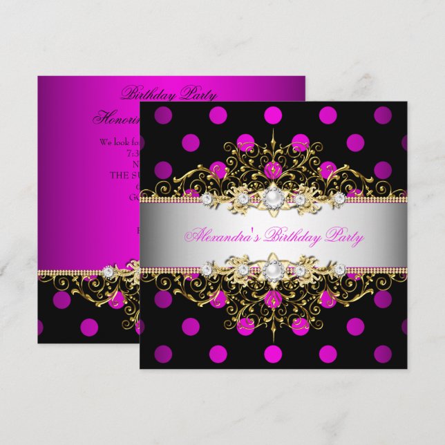 Elegant Hot Pink Gold White Black Polka Dot Party Invitation (Front/Back)