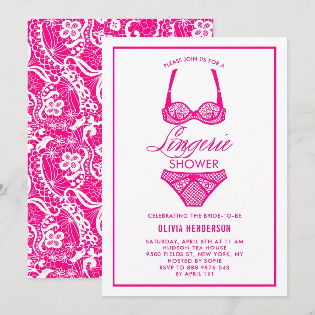 Elegant Hot Pink Lace Lingerie Shower Invitation (Front/Back)