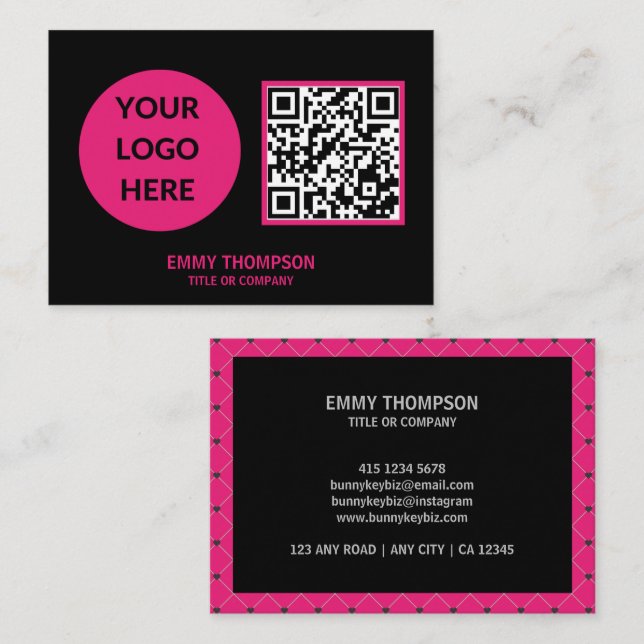 Elegant Hot Pink Magenta Black QR Scan Company Business Card (Front/Back)