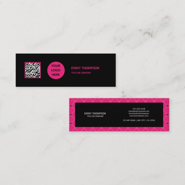 Elegant Hot Pink Magenta Black QR Scan Company Mini Business Card (Front/Back)