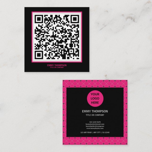 Elegant Hot Pink Magenta Black QR Scan Company Square Business Card (Front/Back)