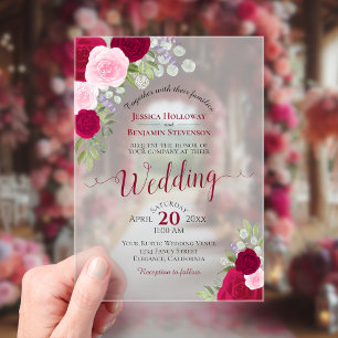 Elegant Hot Pink Magenta & Blush Roses Wedding Acrylic Invitations