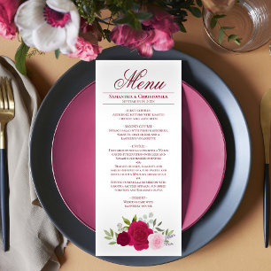 Elegant Hot Pink Magenta & Blush Roses Wedding Menu