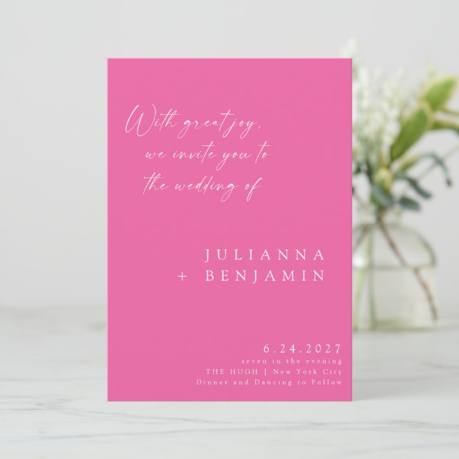 Elegant Hot Pink Minimalist Chic Script Wedding Invitation (Standing Front)