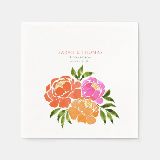 Elegant Hot Pink Orange Floral colourful Napkin (Front)