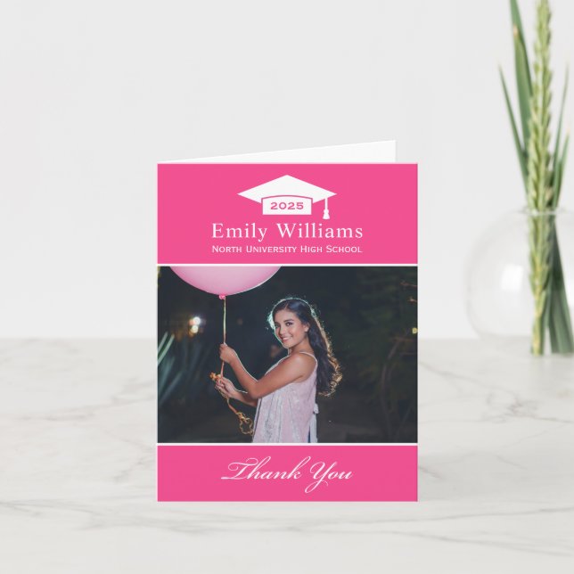 Elegant Hot Pink Personalised Graduation Photo Thank You Card (Front)
