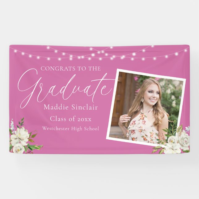 Elegant Hot Pink Photo Floral Graduation Banner (Horizontal)