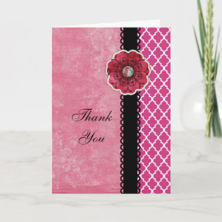 Elegant Hot Pink Quatrefoil Black Flower Thank You