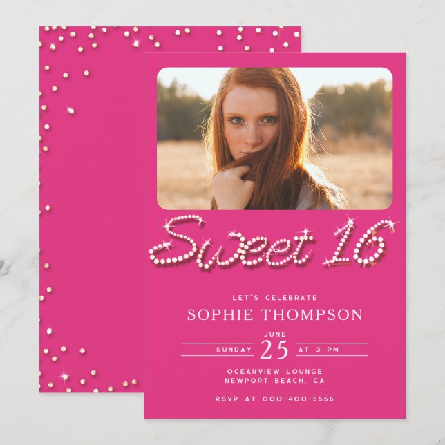 Elegant Hot Pink Rhinestones Chic Sweet 16 Photo Invitation (Front/Back)