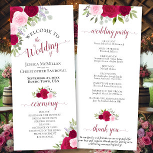 Elegant Hot Pink Roses Watercolor Floral Wedding Programme