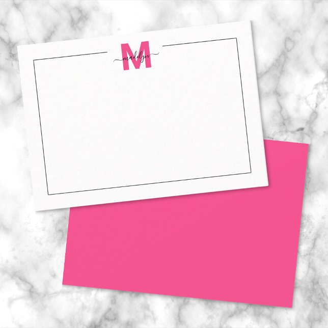 Elegant Hot Pink Script Monogram Card (Black Pink Script Name Monogram Note Card)