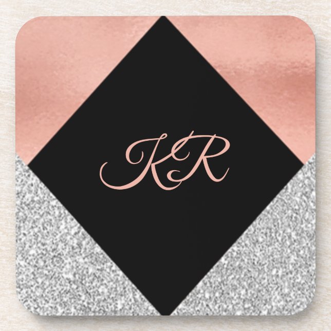 Elegant Hot Pink Silver Glitter Black Monogram Coaster (Front)
