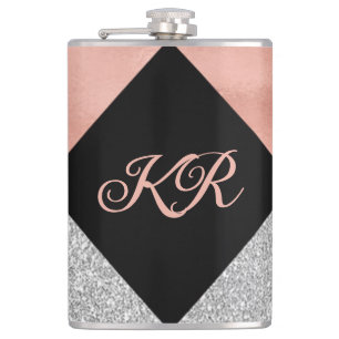Elegant Hot Pink Silver Glitter Black Monogram Hip Flask