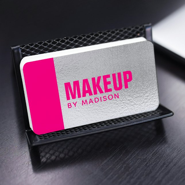 Elegant Hot Pink Silver Modern Chic Makeup Artist Business Card (Creator Uploaded)