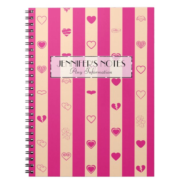 Elegant Hot Pink Stripes Modern Heart Pattern Notebook (Front)