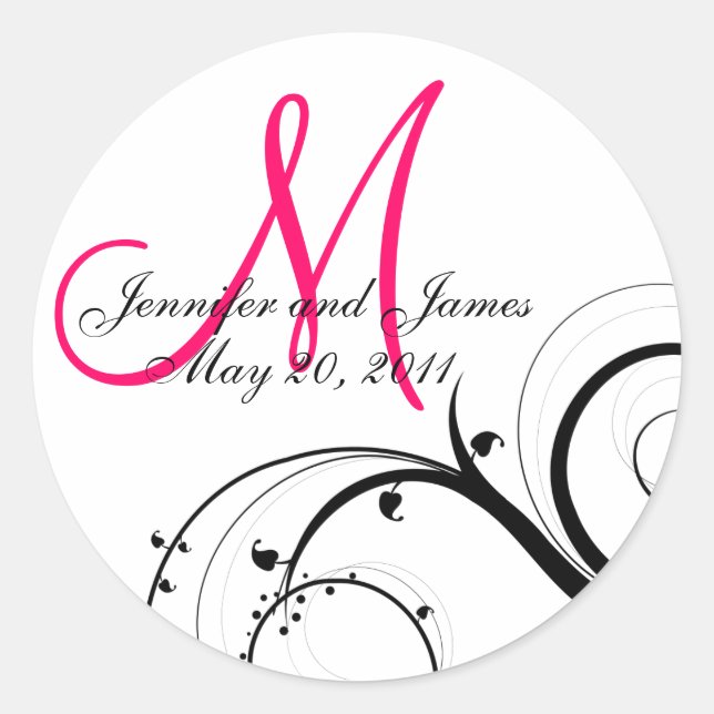 Elegant Hot Pink Swirl Monogram Wedding Sticker (Front)