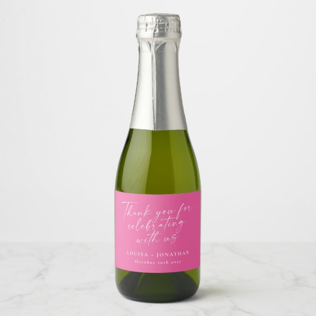 Elegant Hot Pink Trendy Script Custom Thank You Sparkling Wine Label (Front)