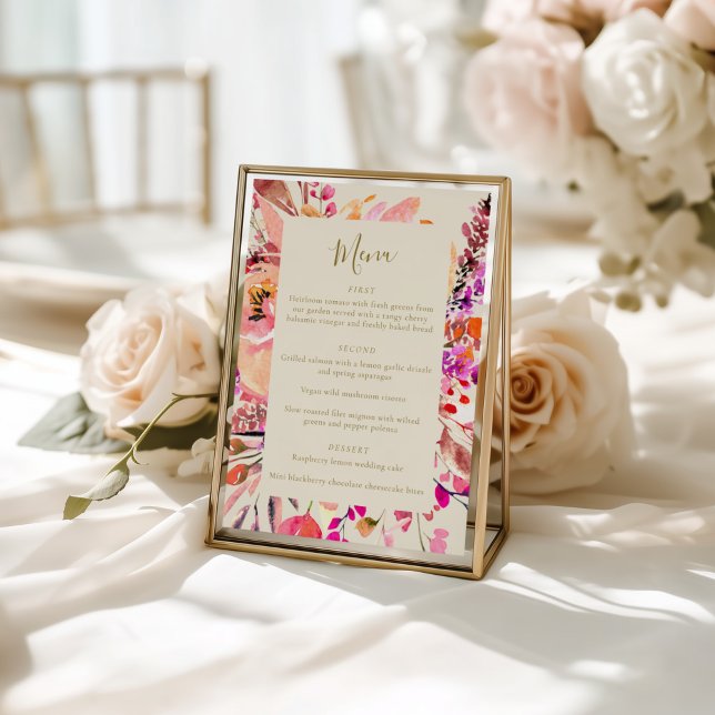 Elegant Hot Pink Watercolor Floral Custom Wedding Menu (Creator Uploaded)