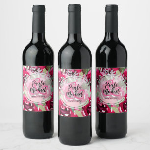 Elegant Hot Pink Watercolor Floral Wedding Wine Label