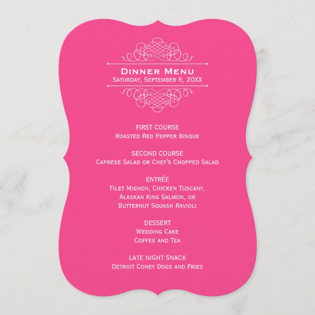 Elegant Hot Pink Wedding Monogram Dinner Menu (Front)