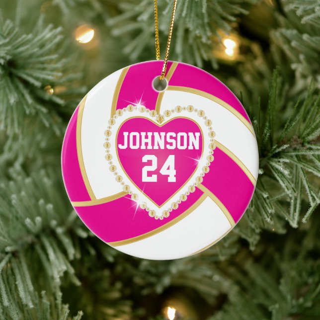 Elegant Hot Pink, White and Gold Volleyball Ceramic Tree Decoration (Tree)