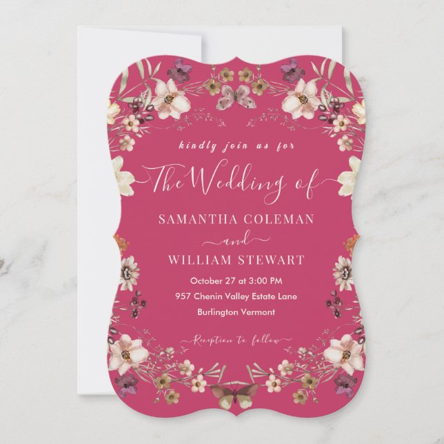 Elegant Hot Pink Wildflower Modern Wedding Invitation (Front)