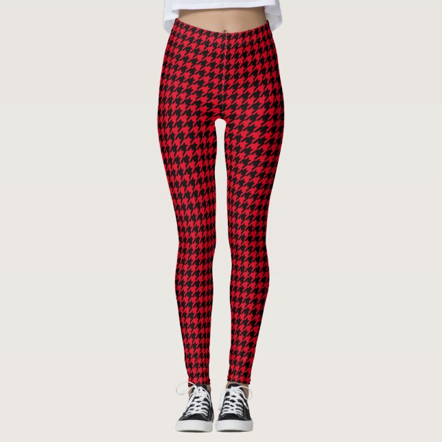 Elegant Houndstooth Black and Red Leggings (Front)