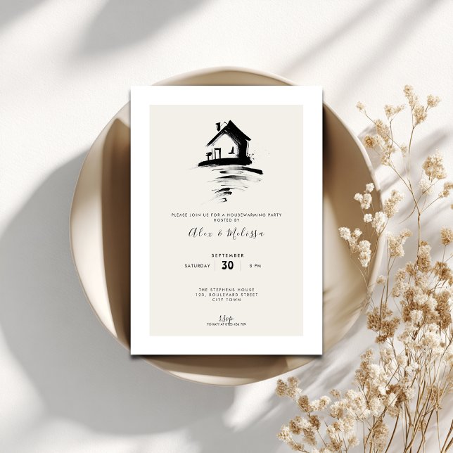 Elegant Housewarming Invitation - Hand Drawn House (Minimal housewarming invitation with a hand drawn house.)