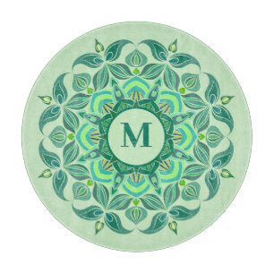 Elegant Hues of Green Mandala Flourish Monogram Cutting Board