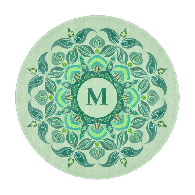Elegant Hues of Green Mandala Flourish Monogram Cutting Board (Front)