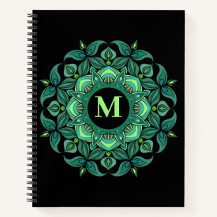 Elegant Hues of Green Mandala Flourish Monogram Notebook