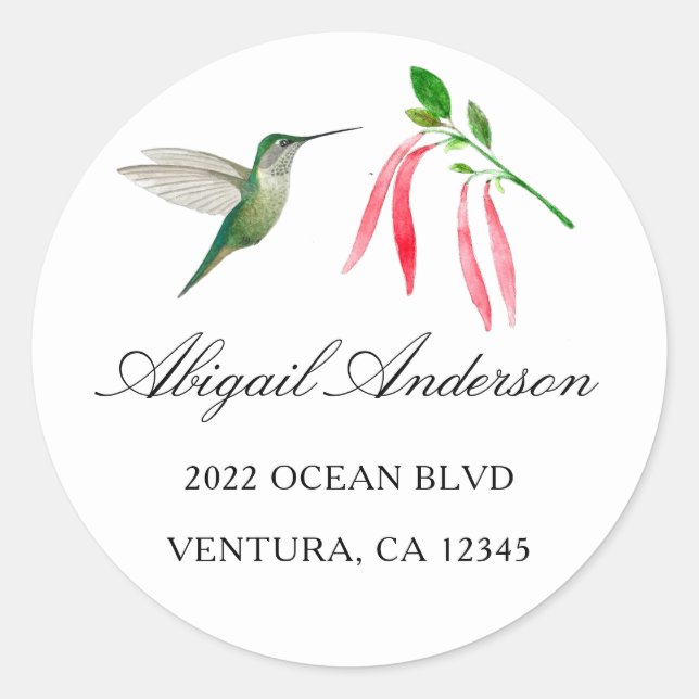 Elegant Hummingbird Address Classic Round Sticker (Front)
