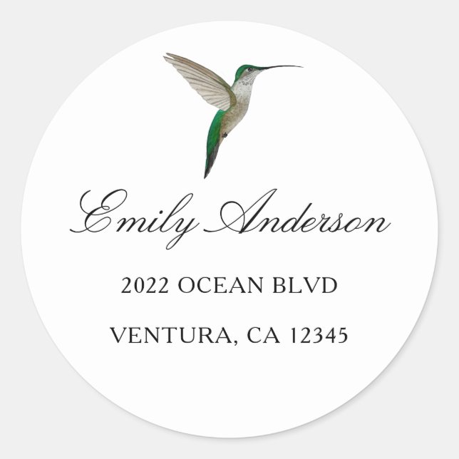 Elegant Hummingbird Address Classic Round Sticker (Front)