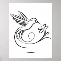 Elegant Hummingbird and Flower Line Art Wall 