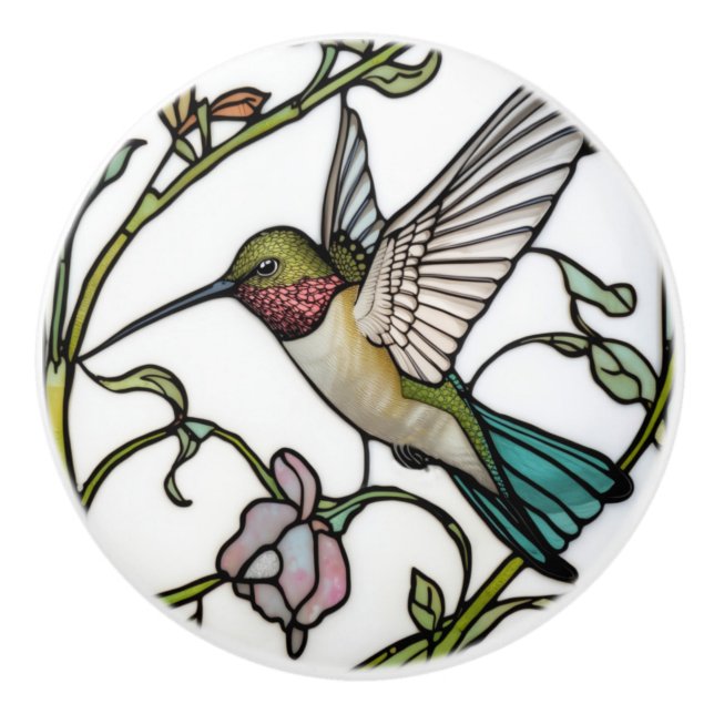 Elegant hummingbird artwork botanical boho chic ceramic knob (Front)