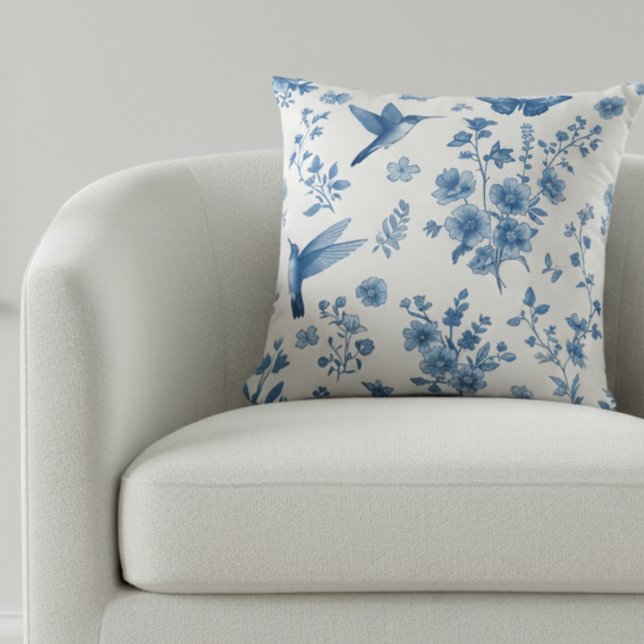 Elegant Hummingbird Butterfly Floral Blue Toile  Cushion (Creator Uploaded)