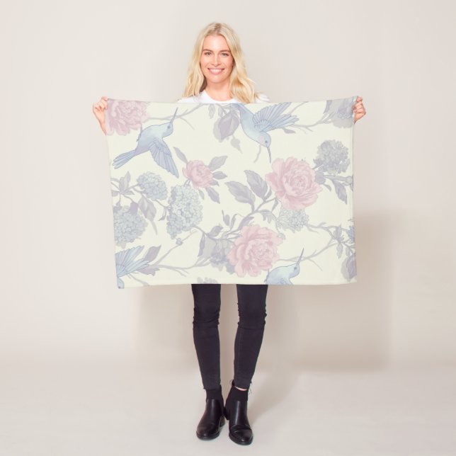 Elegant Hummingbird & Floral Garden Pattern Blank Fleece Blanket (In Situ)