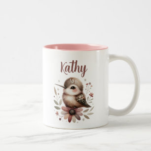 Elegant Hummingbird Floral Personalized Name Two-Tone Coffee Mug