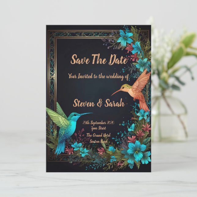 Elegant Hummingbird & Floral Wedding Invitation (Standing Front)